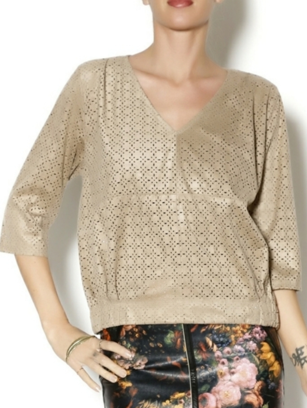 Ultrasuede Tan Pointelle Lace Cut Out Faux Suede Leather Top V Neck Pullover L